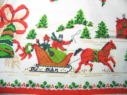 Sleigh on Vintage Tablecloth