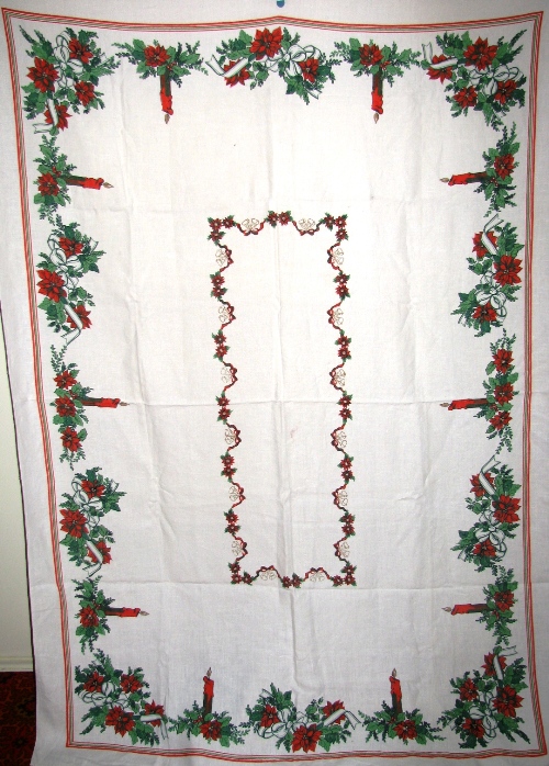 Holly Ribbon Candles Vintage Christmas Tablecloth