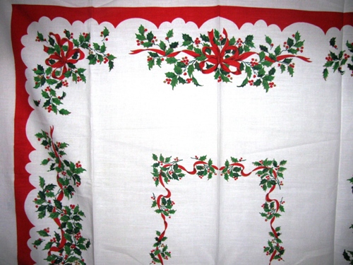 Holly Ribbon Vintage Christmas Tablecloth