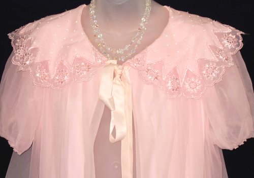 DORE Pink Embroidered Chiffon Peignoir Robe - Shawl Collar