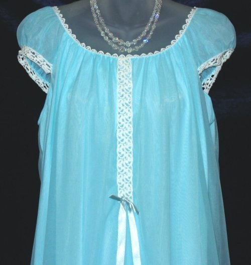 Vintage Lov'Lee Blue Chiffon Nightgown Crochet Decoration