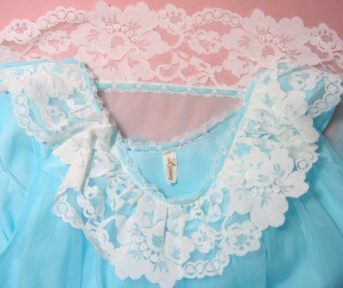 Dorsay Tag Label on Blue Chiffon with White Lace