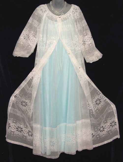 White Lace Peignoir Blue Chiffon Nylon Nightgown