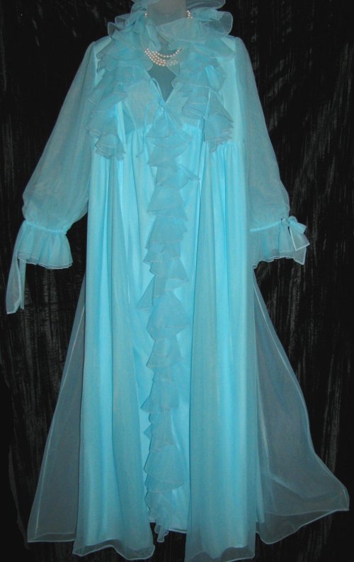 Ruffled Blue Peignoir Nightgown Chiffon Set