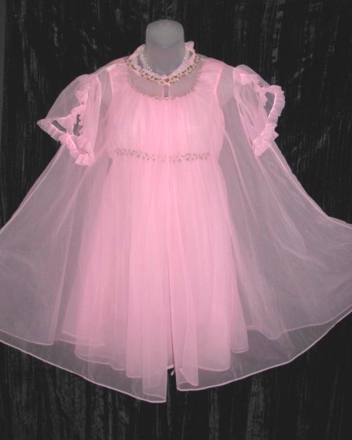 Pink Sheer Chiffon Embroidered Empire Peignoir