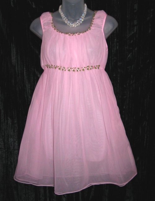 Pink Sheer Chiffon Embroidered Empire Nightgown